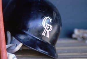 16 Apr 2000: A view a Colorado Rockies helmet on the dugout bench taken during a game against the St. Louis Cardinals at Coors Field in Denver, Colorado. The Cardinals defeated the Rockies 9-3.