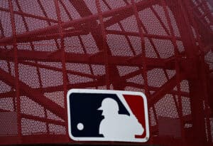 ANAHEIM, CALIFORNIA - MAY 22: A MLB logo is seen before a game between the Oakland Athletics and the Los Angeles Angels at Angel Stadium of Anaheim on May 22, 2022 in Anaheim, California.